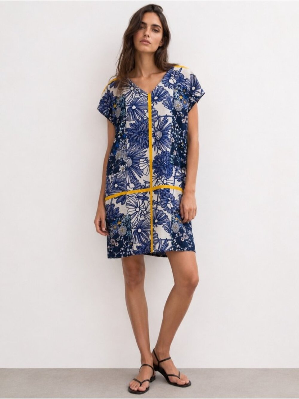 Zara Basic Blue Floral Loose Shift Dress Small Coastal Summer office Midi xs